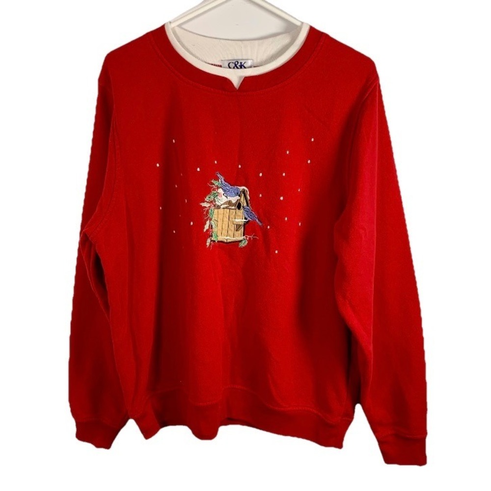 Vintage Sweatshirt Christmas Red Birdhouse Bird Embroidered XL Holiday Cute